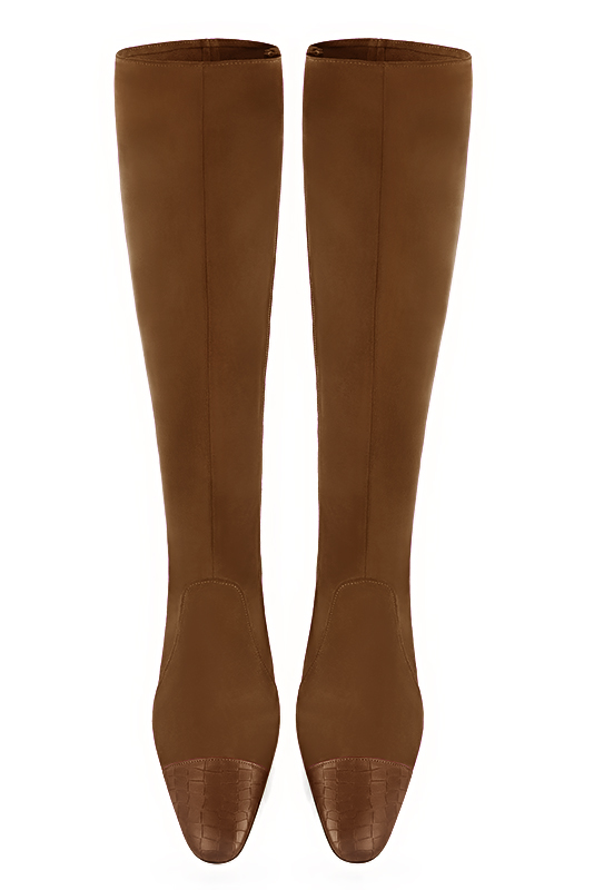 Caramel brown women's feminine knee-high boots. Round toe. High block heels. Made to measure. Top view - Florence KOOIJMAN